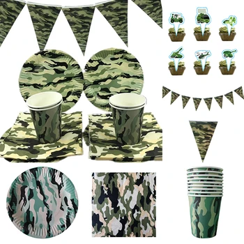 1 комплект одноразовой посуды в военной тематике, Армейские зеленые камуфляжные бумажные стаканчики, Салфетки, украшения для детского дня рождения, принадлежности для вечеринок.