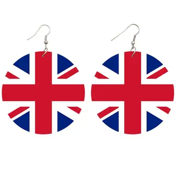 Серьги Юнион Джек, деревянные серьги Юнион Джек, висячие круглые серьги, серьги с британским флагом Великобритании, серьги-вкладыши для празднования Юбилея Королевы.