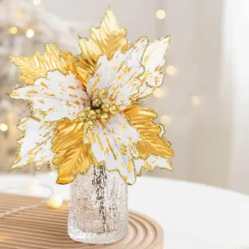 Искусственные Цветы Для Украшения помещений в Рождественской тематике, Искусственные Цветы, Реалистичный Золотой Рождественский Цветок для Покупок