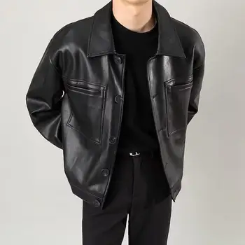 Мужская куртка из искусственной кожи, осенние винтажные свободные короткие топы, корейская версия, повседневные куртки с лацканами, мужская одежда