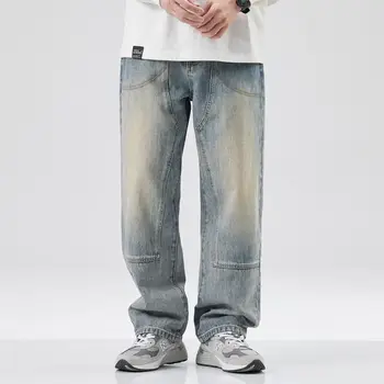 Окрашенные и выстиранные прямые джинсы для мужчин, весенние модные свободные брюки оверсайз в американском ретро стиле, мужские джинсы для осенних парней