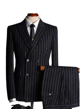 Мужской костюм в черную полоску, комплект из 3 предметов, двубортный пиджак, жилет и брюки, смокинг для выпускного вечера