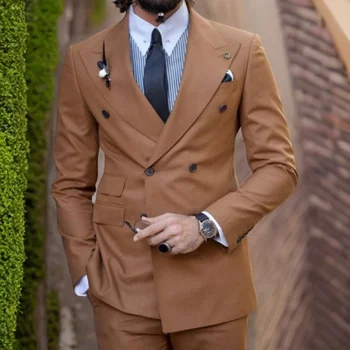 Двубортные итальянские костюмы для мужчин, Свадебный смокинг, лацкан из 2 предметов, модный приталенный комплект с коричневым пиджаком и брюками