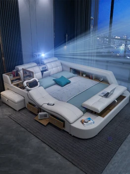 Технологичная умная кровать из натуральной кожи, многофункциональные каркасы для кроватей, массажные камуфляжи с подсветкой Татами с Bluetooth, динамиком, проектором, Мин.