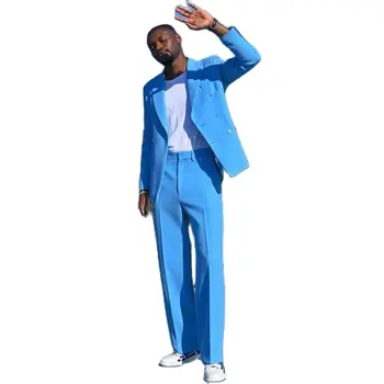 Популярные синие мужские смокинги Cassic Fit, комплекты повседневных костюмов из 2 предметов, Свободная повседневная уличная одежда на двух пуговицах для бойфренда