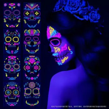 Хэллоуин, Флуоресцентная Забавная наклейка с лицом смерти, татуировка, наклейка для макияжа, Неоновая татуировка, наклейка 