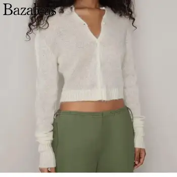 2023 магазин bazaleas Трикотажный джемпер с пуговицами traf, белый вязаный кардиган, женский свитер, официальная женская одежда