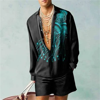 Летний винтажный мужской комплект рубашек, гавайская пляжная рубашка, мужской модный уличный топ с тигровым принтом, длинный рукав, комплект из двух предметов