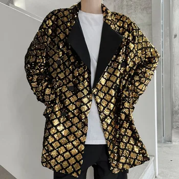 Осенняя куртка контрастного цвета Черного золота, мужская куртка-бомбер Jaqueta с бриллиантами, мужская куртка, пальто, модный панк-клубный наряд с пайетками, куртка для отдыха