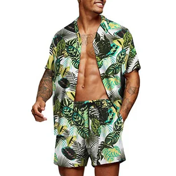 Мужской Гавайский костюм, Модные мужские комплекты, Мужская однотонная Летняя повседневная рубашка с коротким рукавом и принтом + шорты, мужской повседневный костюм из двух предметов