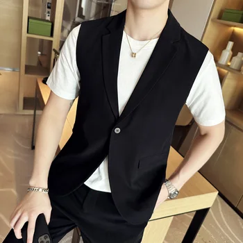 Летняя корейская версия красивого трендового облегающего однотонного повседневного мужского костюма без рукавов, модный мужской костюм британской моды.