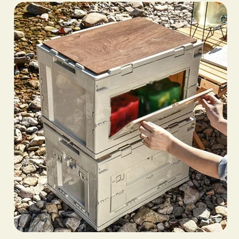 Складной ящик для кемпинга на открытом воздухе с деревянной крышкой, автомобильный ящик для хранения, контейнер-органайзер для продуктов, бытовой ящик для хранения большой емкости
