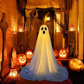 Хэллоуин Призрак Загорается Жутким белым призрачным украшением с помощью светодиодных гирлянд, Хэллоуин Наружное украшение для домов с привидениями