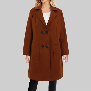Куртки для женщин, шерстяное пальто, осенне-зимняя мода, Большие карманы, Длинное тонкое пальто средней длины, офисное Элегантное повседневное пальто