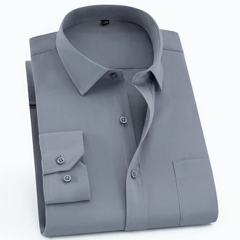 Мужская однотонная рубашка стандартного кроя с длинным рукавом, с одним накладным карманом, для деловой работы, Классические офисные рубашки в полоску
