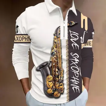 Мужская рубашка поло, рубашка для гольфа на молнии, графические принты, Музыка, Музыкальный инструмент, одежда с отложным воротником, одежда с длинным рукавом и принтом на молнии